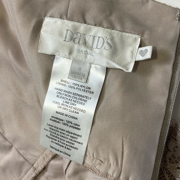 David's Bridal Short Tank Lace Dress Sz 8 Gold Cream V-Neckline Pleated Wedding - Picture 12 of 16